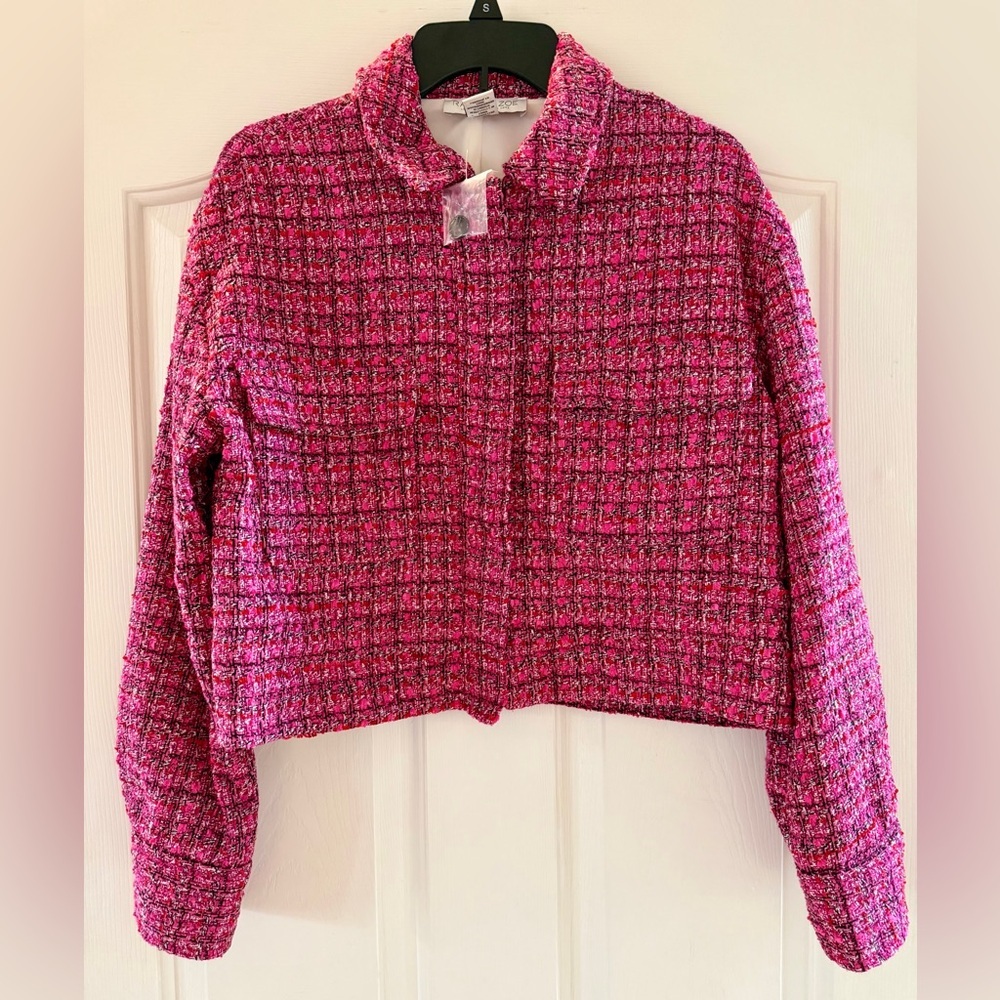 Cropped Blazer Women’s Jacket Pink Fuchsia Plaid Tweed Boucle Zip NWT Medium